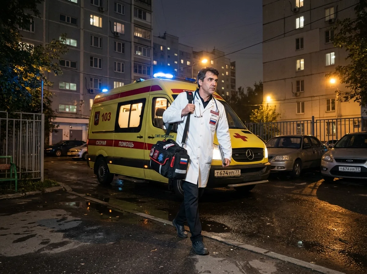 Врач-нарколог в белом халате с медицинской сумкой выходит из машины скорой помощи ночью, городской двор Москвы, экстренный выезд, профессиональная уверенность