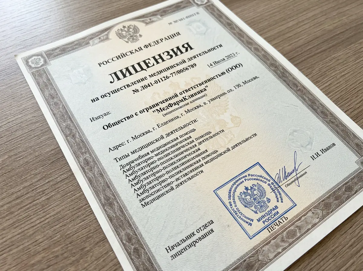 Лицензия Министерства здравоохранения РФ на осуществление медицинской деятельности, официальный документ с печатью, крупный план