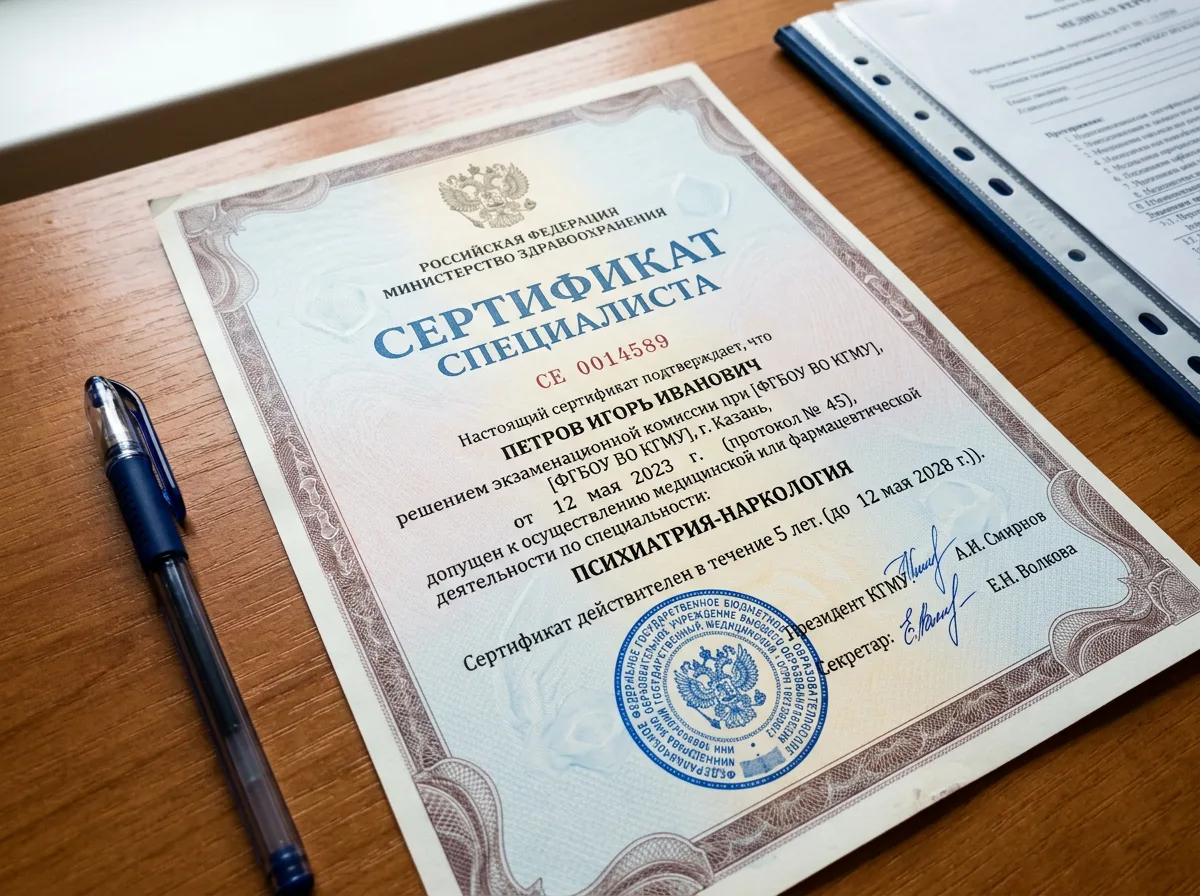 Сертификат специалиста врача-психиатра нарколога, документ с печатью медицинского учреждения, официальный бланк
