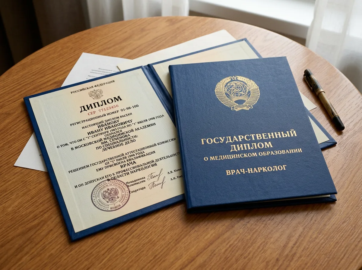 Диплом о медицинском образовании врача нарколога, государственный образец, синяя обложка