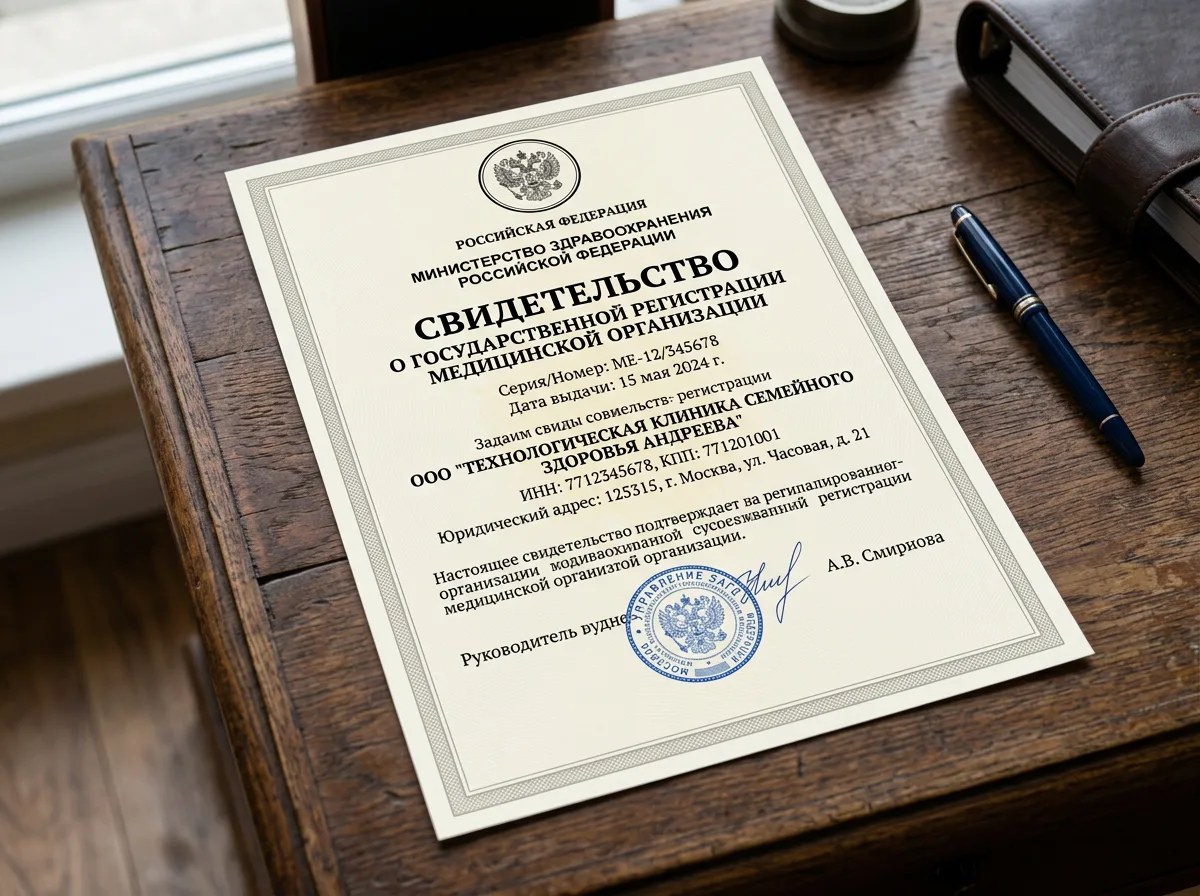 Свидетельство о регистрации медицинской организации, официальный документ с гербовой печатью