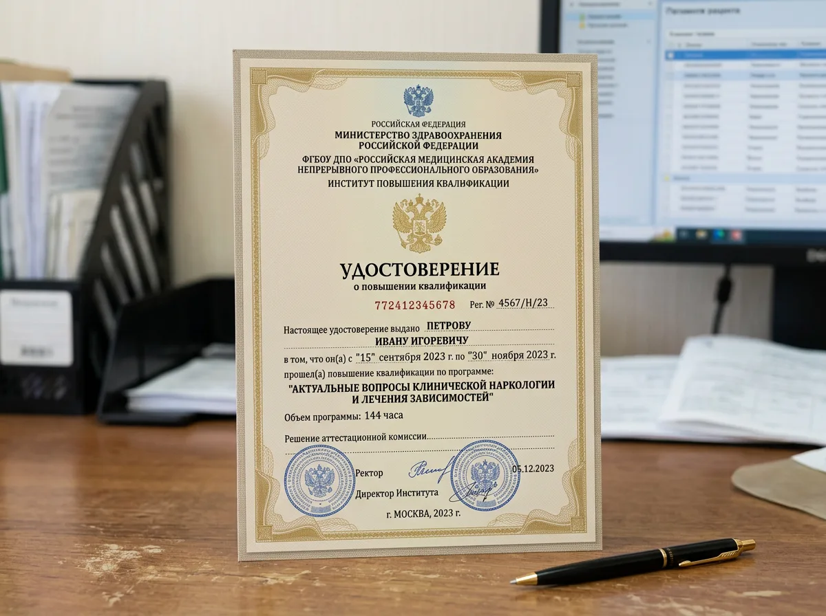 Удостоверение о повышении квалификации врача нарколога, документ о прохождении курсов, медицинский бланк