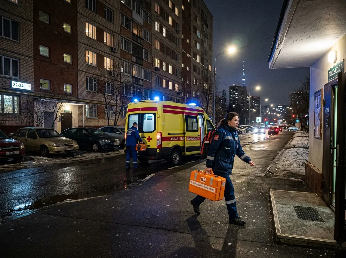 Скорая медицинская помощь ночью у жилого дома в Москве, врач с чемоданом спешит на вызов, городские огни